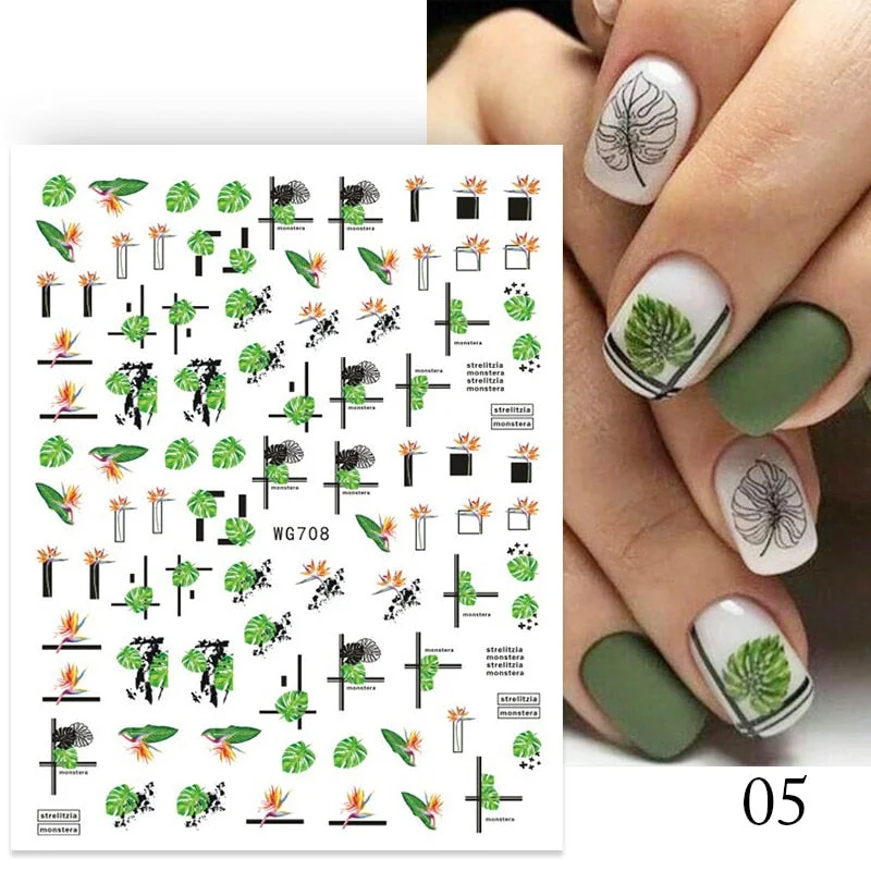 1PC Succulent Plants Flower 3D Nail Sticker Spring Floral Leaves Adhesive Transfer Decals Slider DIY Nail Art Decoration-Nail Inspo
