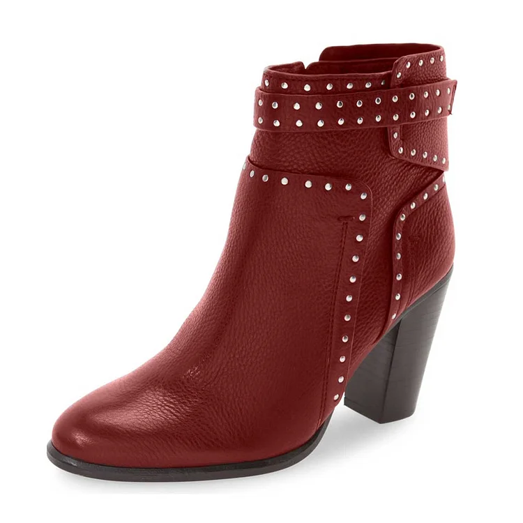 Red Textured Round Toe Studs Chunky Heel Ankle Boots |FSJ Shoes