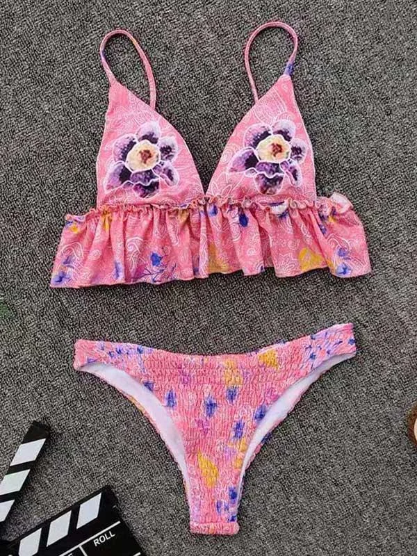 Floral-Print Ruffled Split-Joint Split Bikini Swimsuit