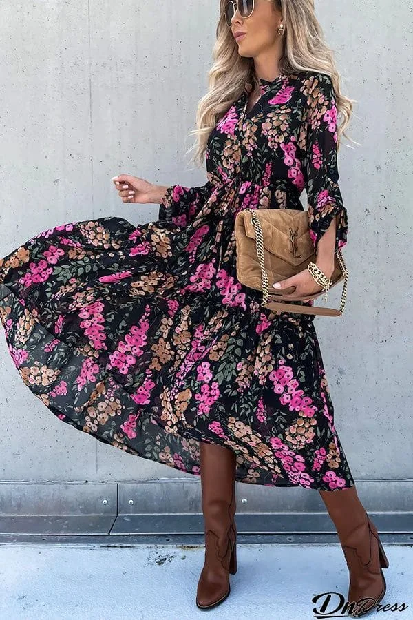 Avril Floral Printed Tiered Midi Dress