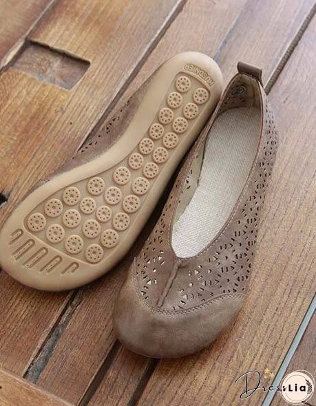Handmade Soft Leather Retro Hollow Flats Flat Shoes