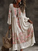 Women's Vintage Vacation Floral Art Flowy Linen Blend Casual Round Neck Long Sleeve Maxi Dress