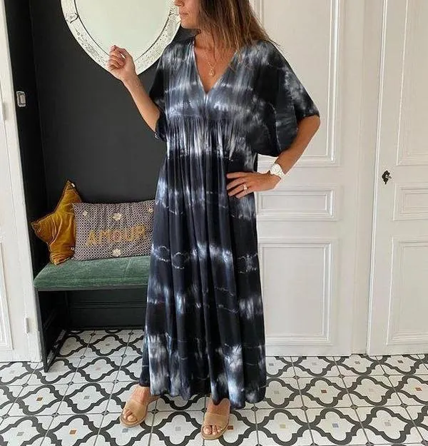 Elegant Print Short Sleeve Maxi Dress-vocosishoes