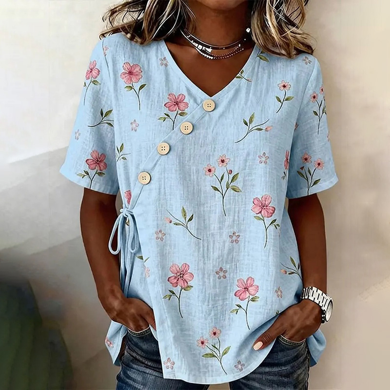 Comstylish Women's Floral V-neck Short-sleeved Casual Top