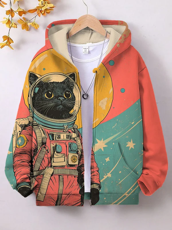 Women's Black Cat Astronaut Color Block Art Print Hooded Zip Up Jacket