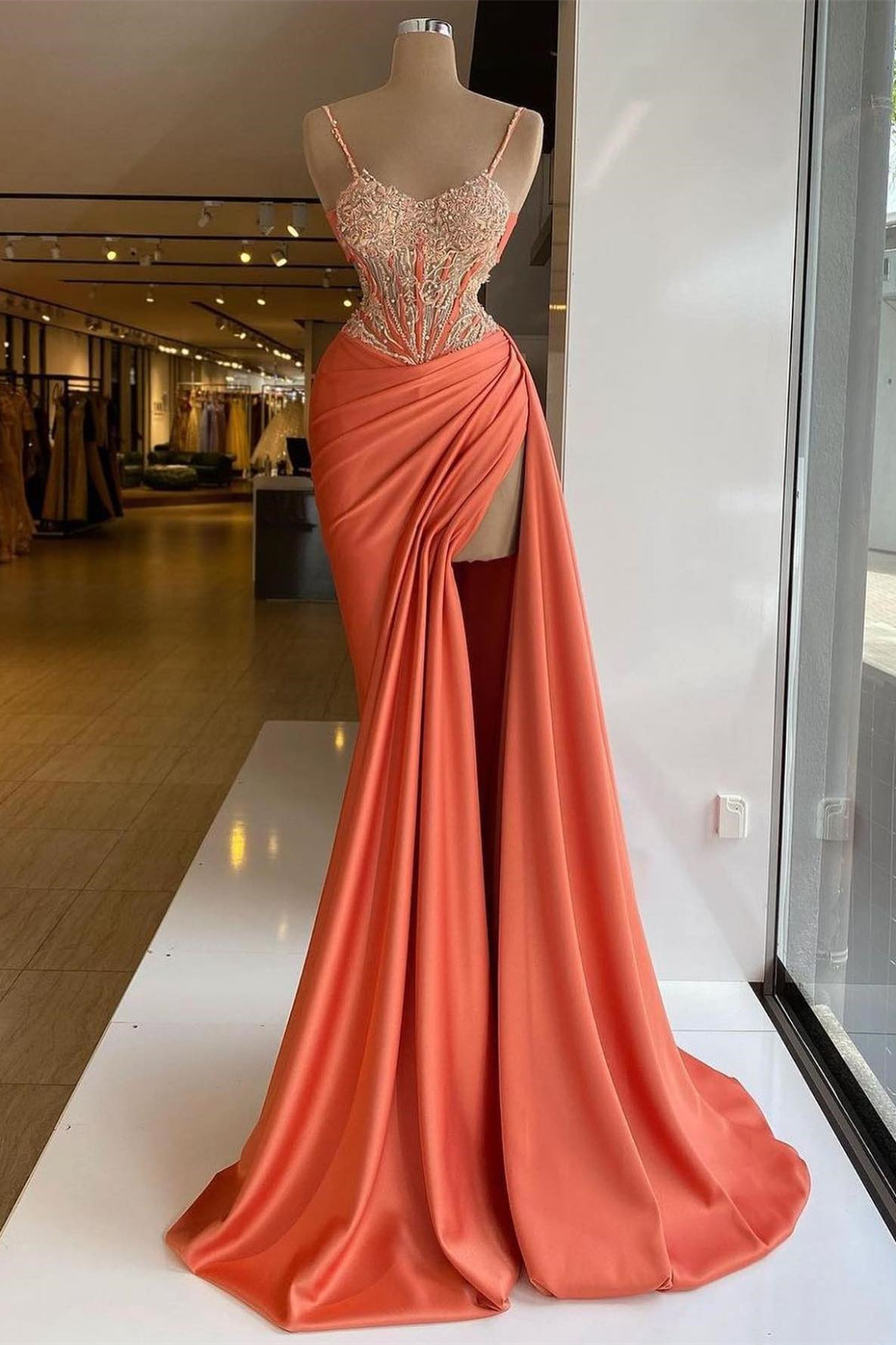 Bellasprom Orange Spaghetti-Straps Sleeveless Prom Dresses Mermaid Slit With Appliques Bellasprom