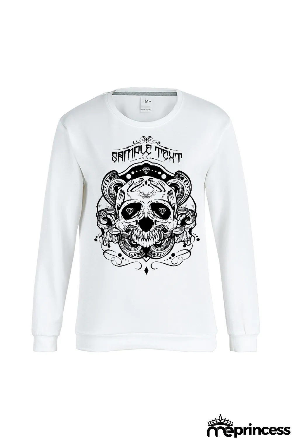 White Casual Street Print Skull Patchwork O Neck Tops