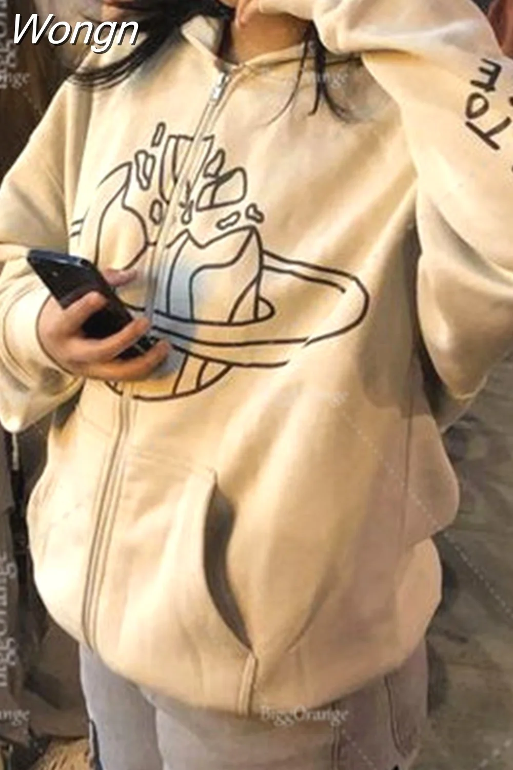 Wongn Letter Print Hoodie Zipper American Purple Streetwear Casual Clothes Hip Hop High Street Oversize Sweatshirts Loose Coat