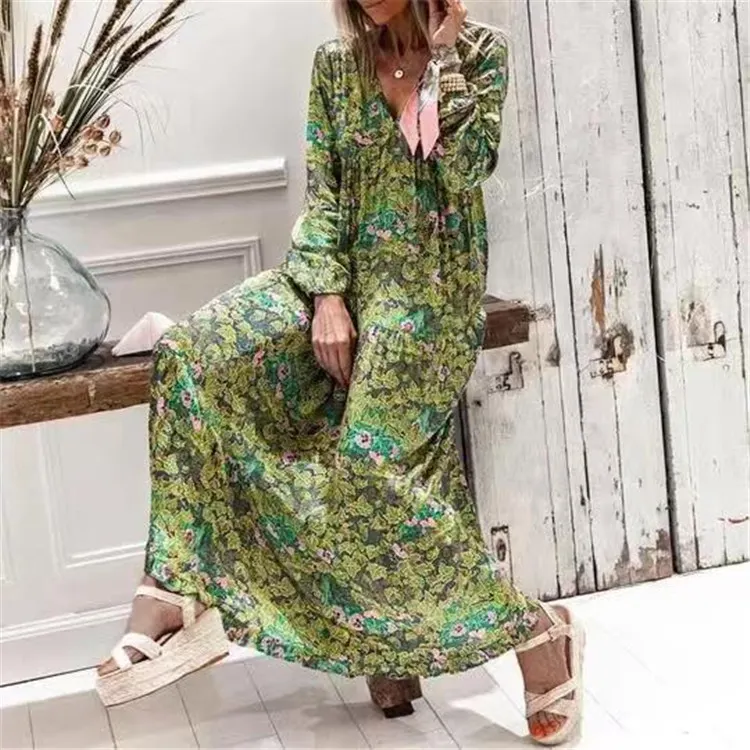 Summer and Autumn Green Hedging Printing Mid Waist Temperament Commute Long Dress-vocosishoes