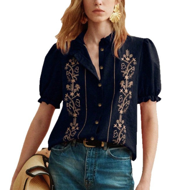 Floral Embroidered Ruffle Collar Puff Short Sleeve Blouse