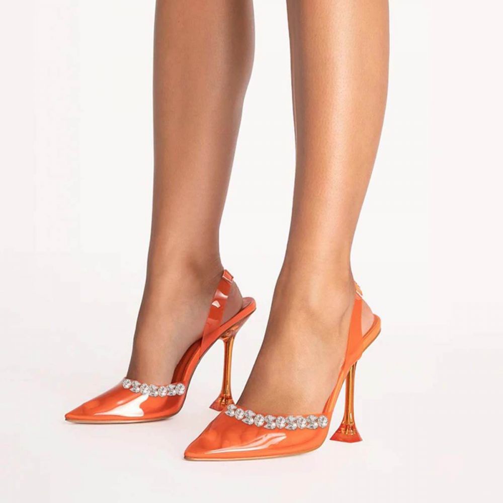Orange PVC Pointed Toe Flared Heel Slingback Pumps with Rhinestone Nicepairs