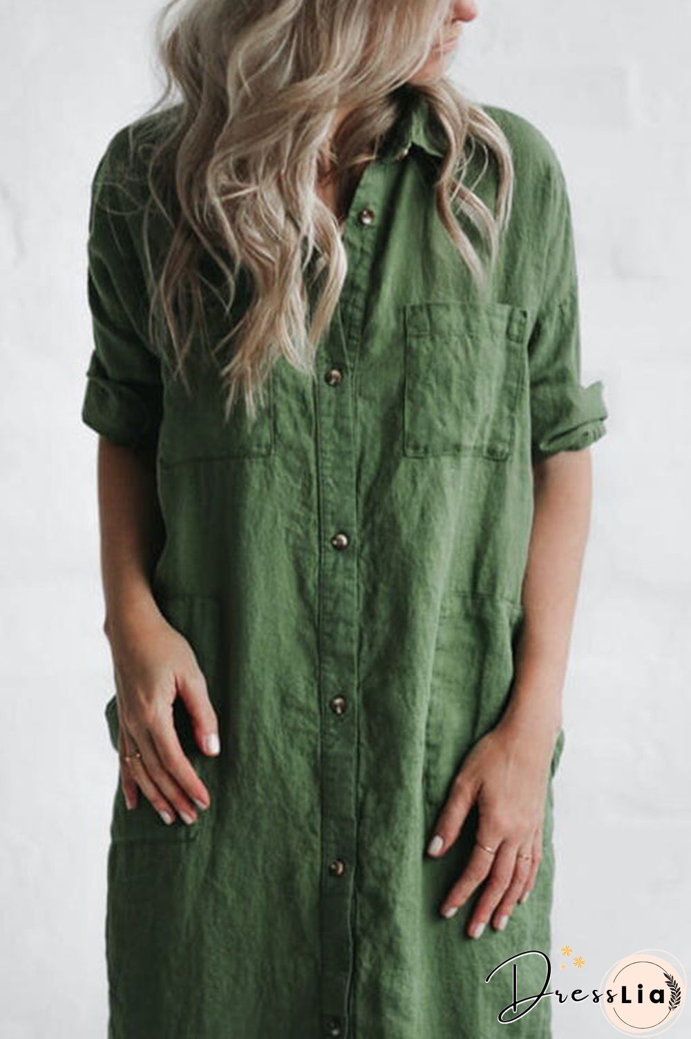 Linen Button Pockets Shirt Maxi Dress
