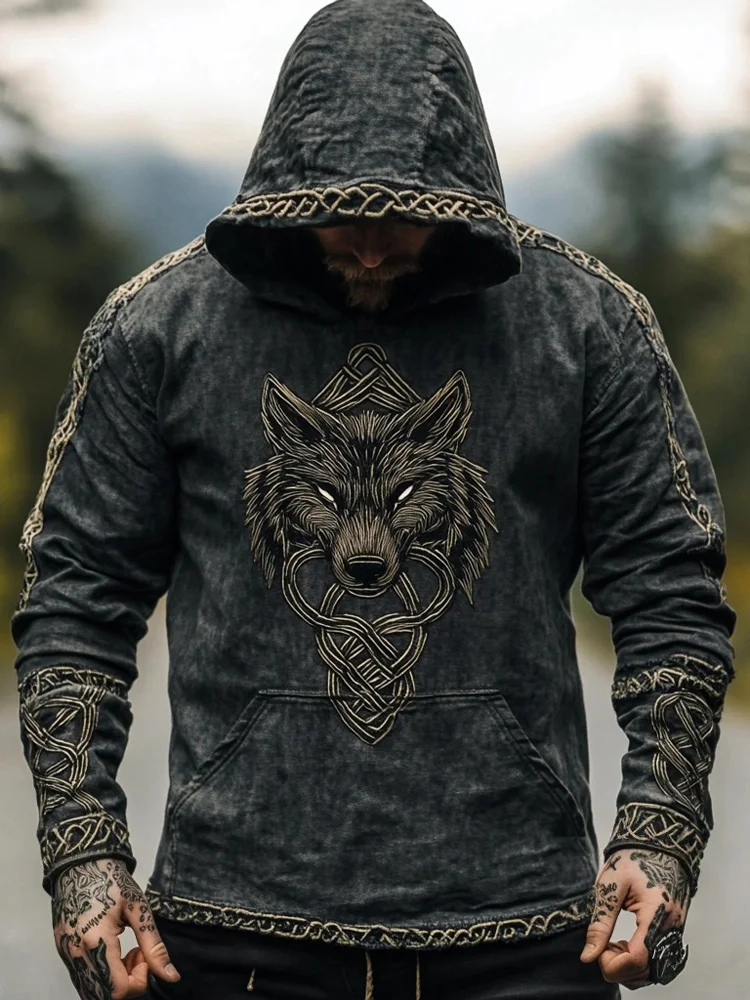 Men's Viking Wolf Embroidered Vintage Washed Hoodie