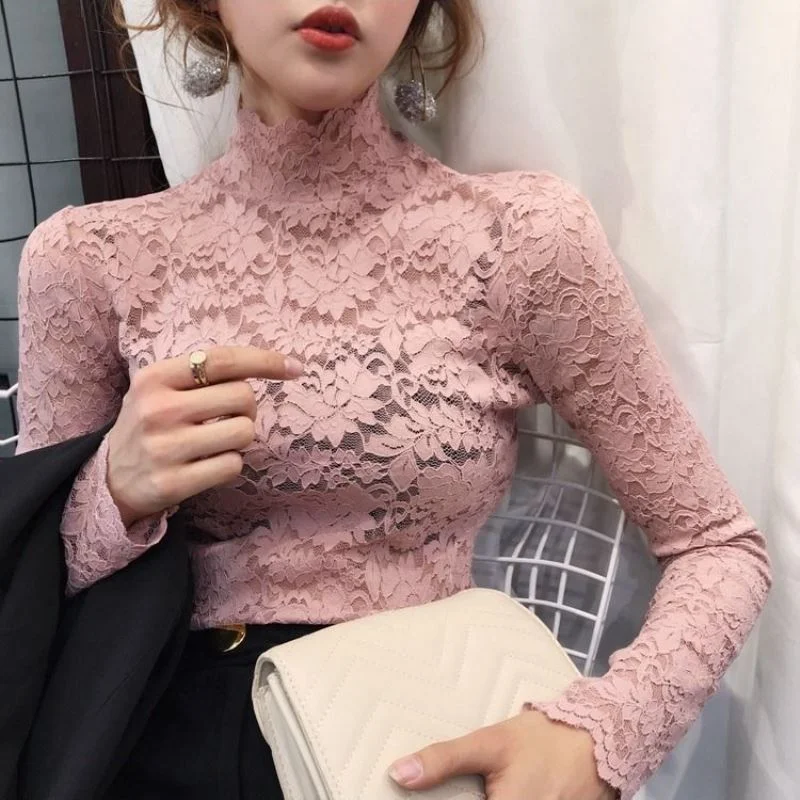 Autumn Women Thin Black Lace T shirt Sexy Turtleneck Long Sleeve Slim Lace Crochet Patchwork Tee Tops