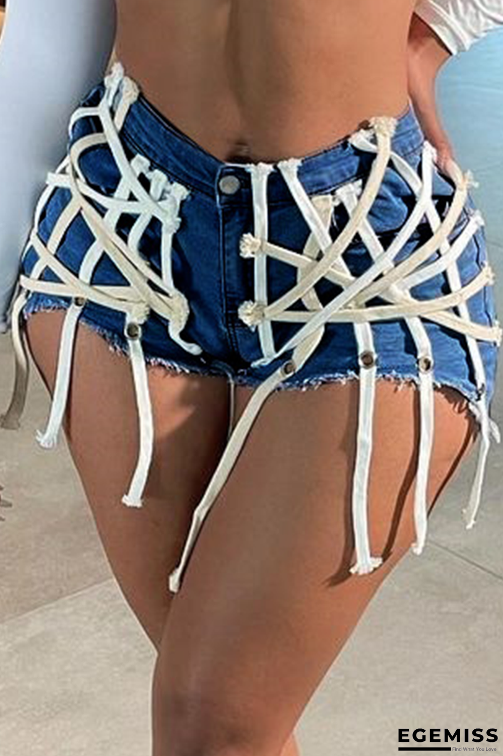 Dark Blue Casual Patchwork Draw String Mid Waist Skinny Denim Shorts | EGEMISS