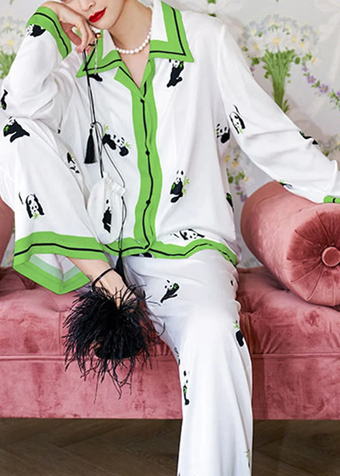 Casual White Peter Pan Collar Panda Print Ice Silk Pajamas Two Pieces Set Spring
