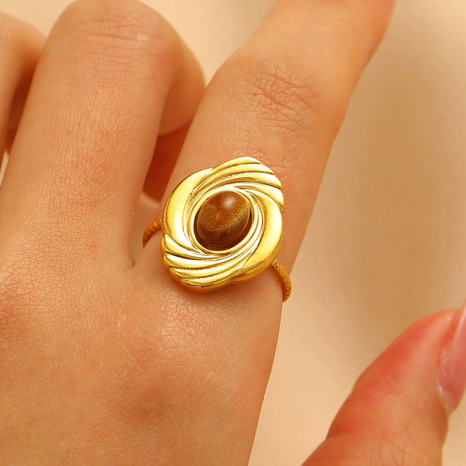 Turquoise/Tiger Eye Gold-Plated Open End Ring