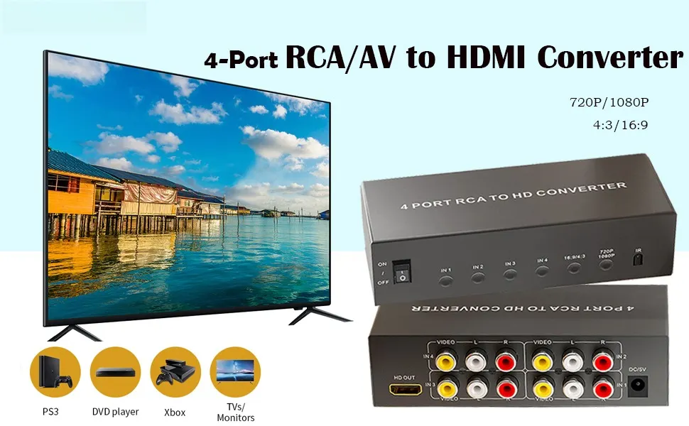 BCLAAZUL 4-Port RCA/AV to HDMI Converter. Device shown with TV display, supports 720P/1080P, 4:3/16:9 ratios. Compatible with PS3, DVD player, Xbox, TV monitors. Converter box with multiple input/output ports visible.