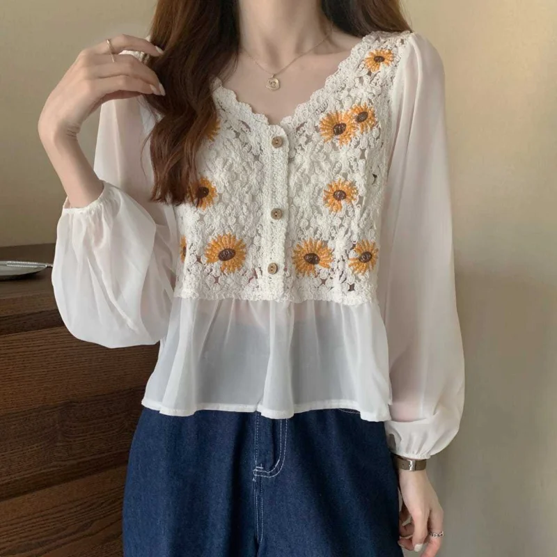 Jangj Spring Summer New French Design Embroidered Chiffon Shirt V-neck Long Sleeve Blouse for Female Sweet Style Casual Clothing