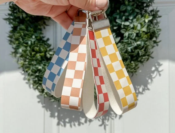 Faux Leather Checkered Wristlet Keychain