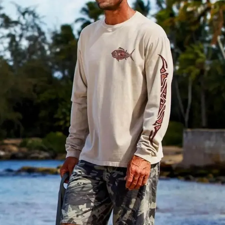 Men's Casual Retro Printed Round Neck Long Sleeve T-Shirt
