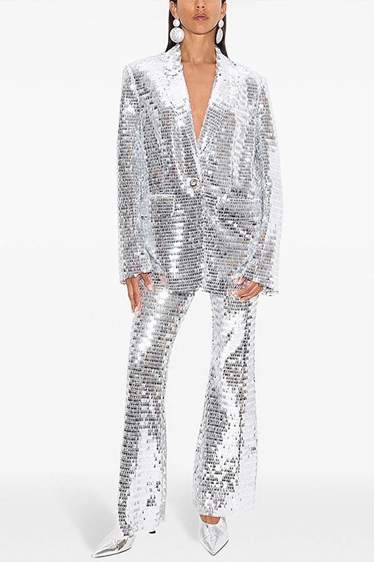 Mesh Sequin Peaked Lapel Flare Leg Two Piece Pant Suit-Silver