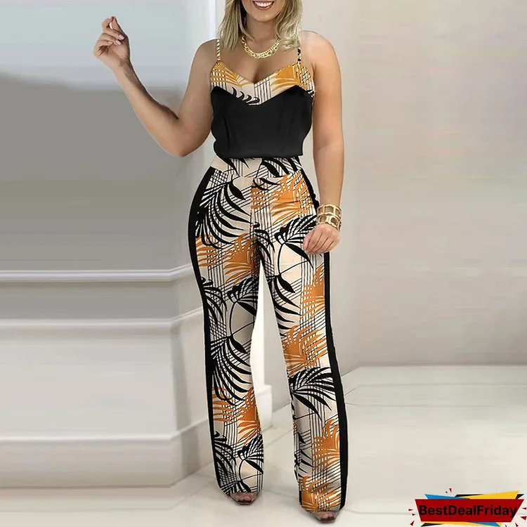 All Over Print Lace Up Plunge Jumpsuit P7956654955