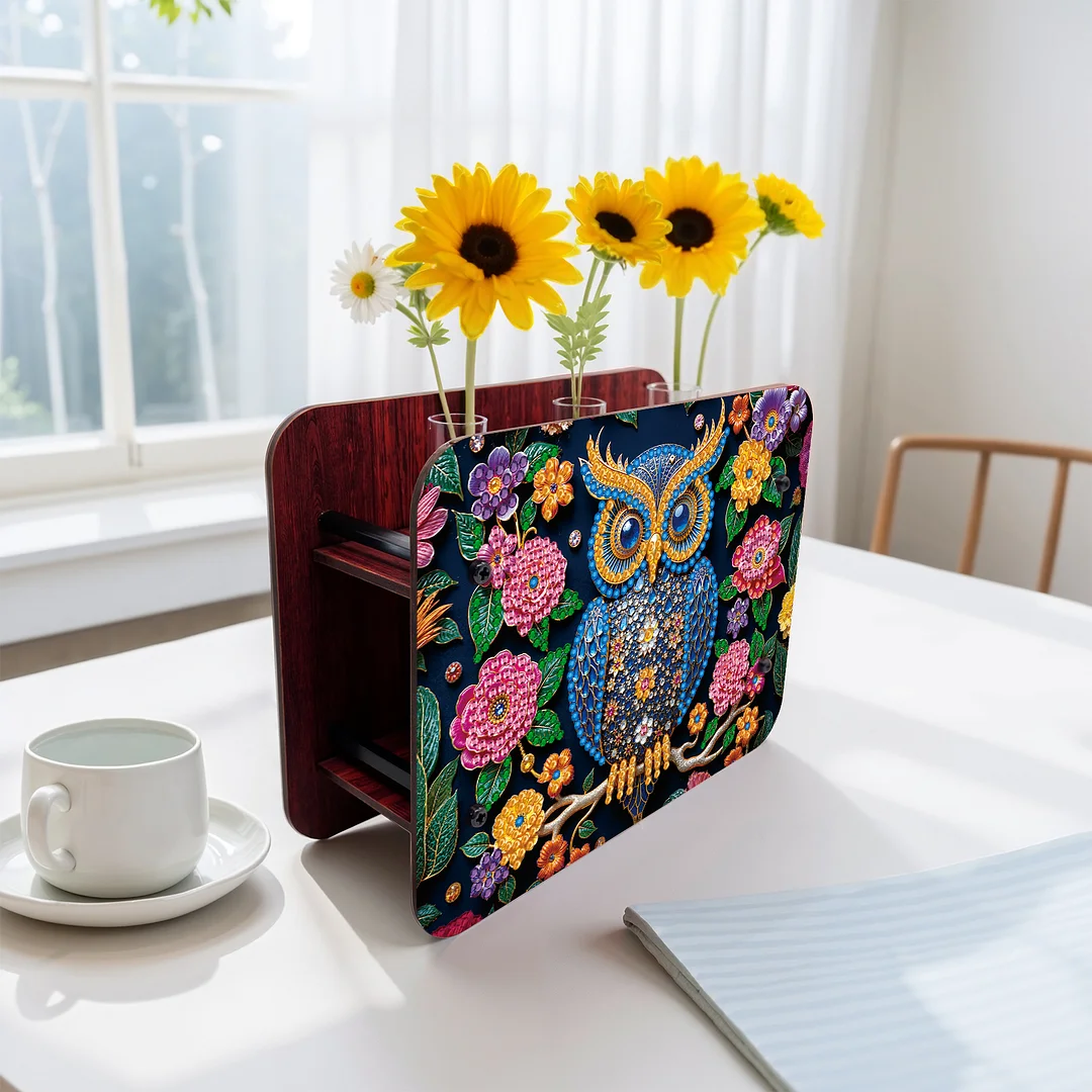 Owl DIY Flower Vase Wooden Double Sided Desktop Diamond Art Kit for Home Decor