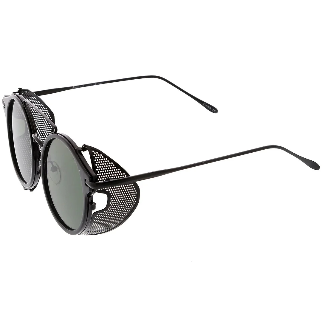 Steampunk Round Horn Rimmed glasses Double Crossbar Fold In Side Covers Flat Lens 54mm