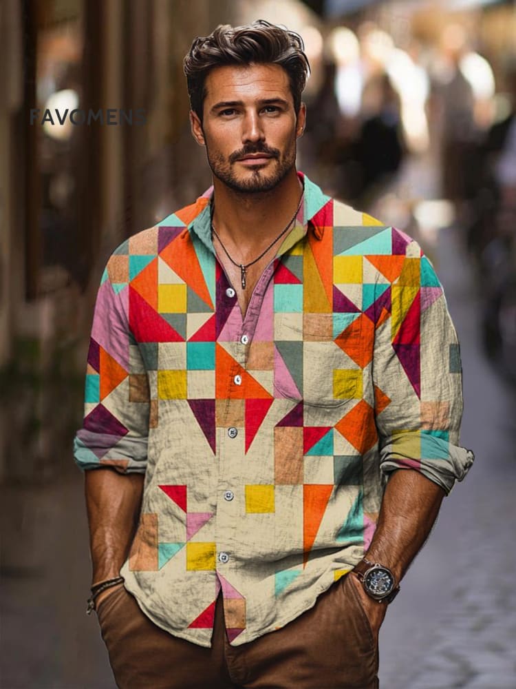 The Color Gradient Geometry Is Irregular Vintage Stripe Print 100% Cotton Long Sleeve Shirt