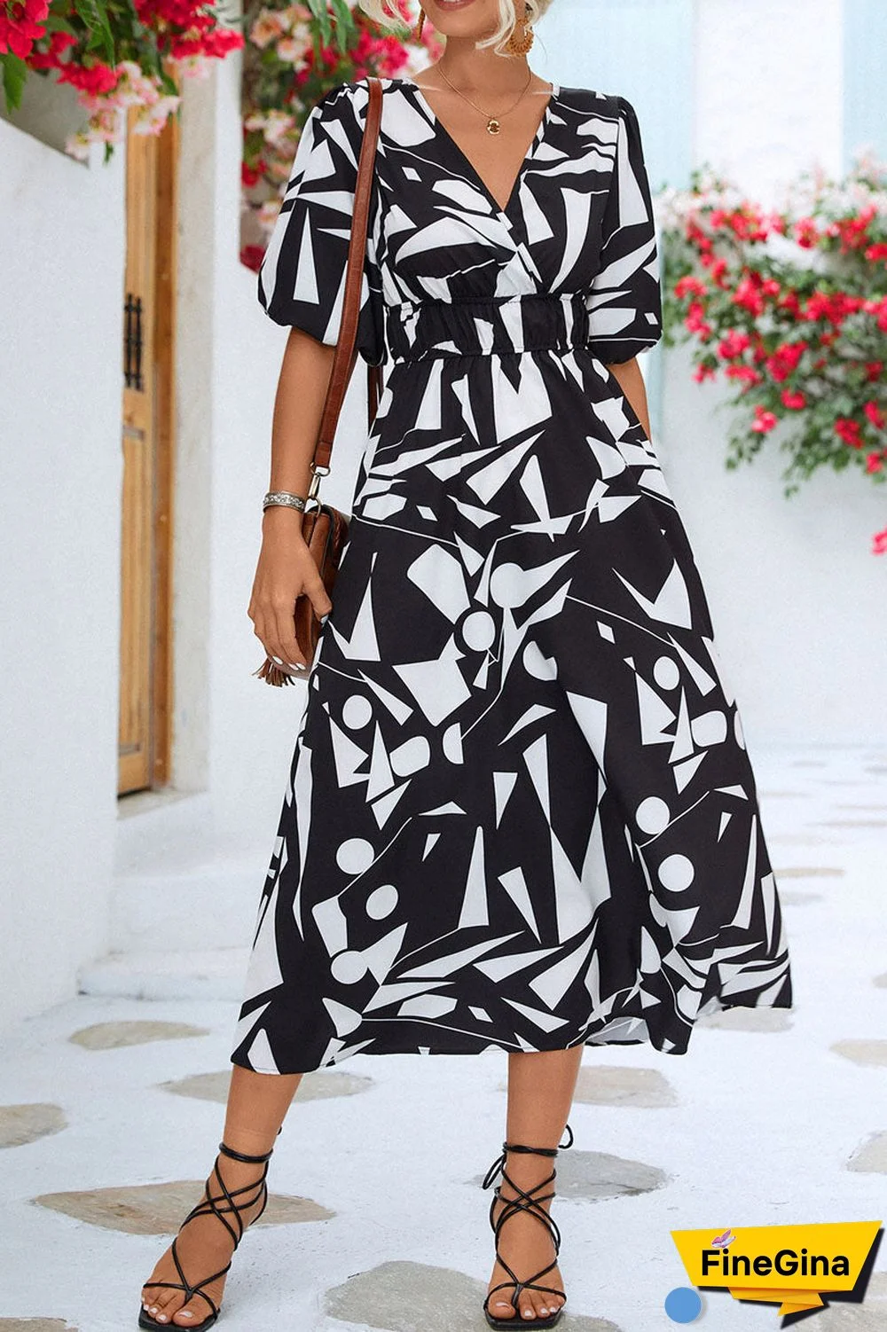 Print V Neck Beach Bubble Sleeve Midi Dress