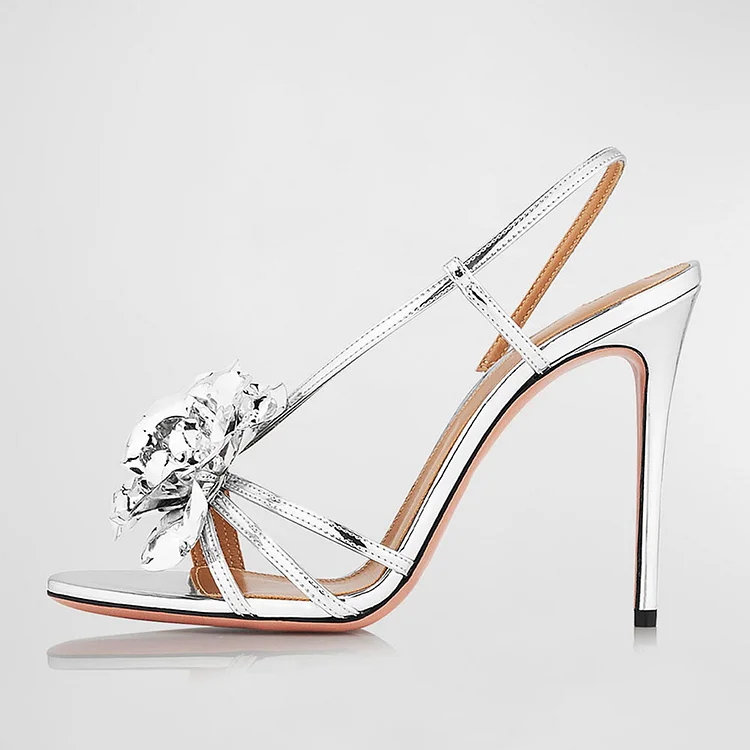 Silver Metallic Open Toe Rose Decor Slingback Heeled Sandals |FSJ Shoes