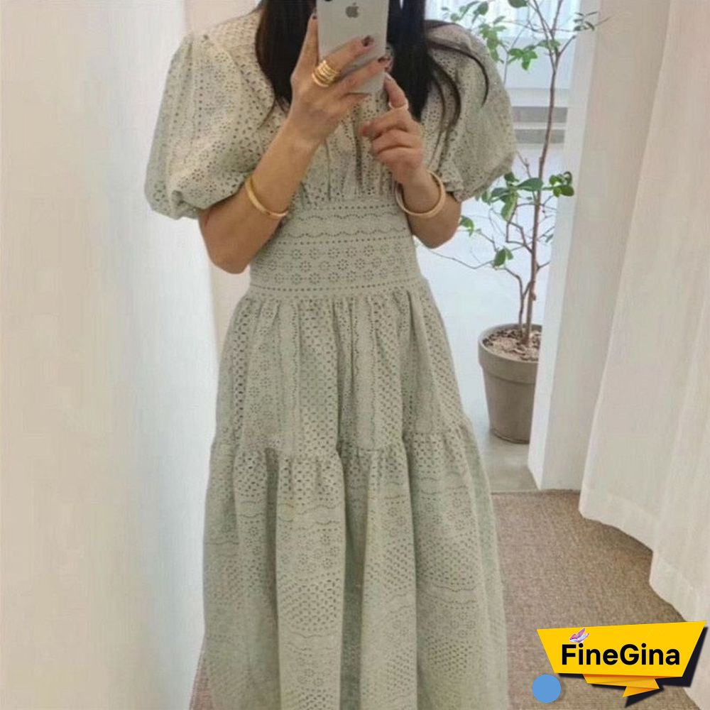 round neck solid color temperament hollow lace dress women