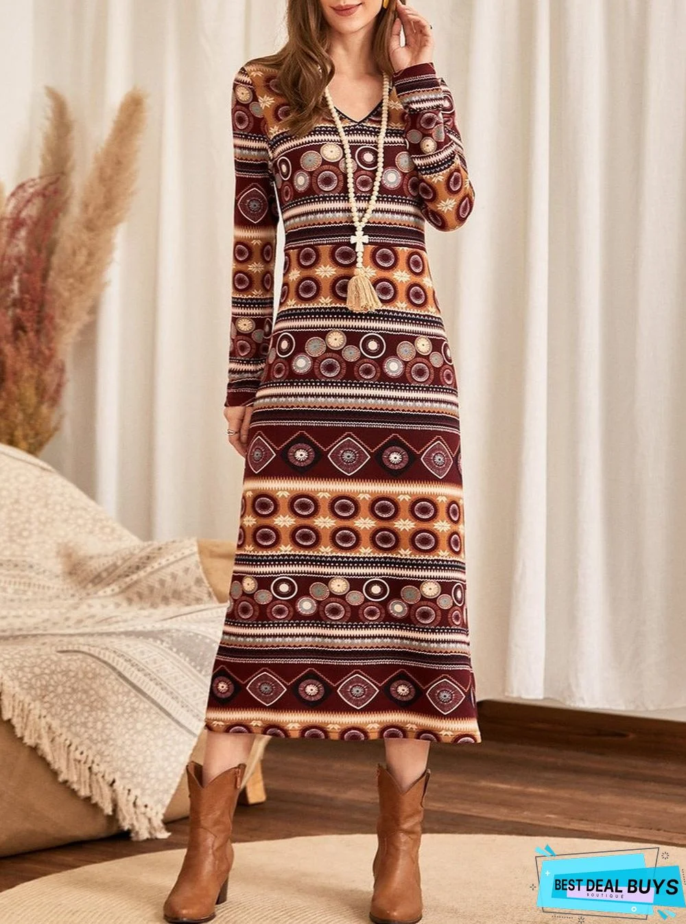 Ethnic Geometric Print Knitted Casual Loose V-Neck Straight Dress