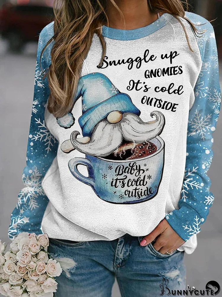 Women's Christmas Snuggle Up Gnomies It's Cold Outside Printed Round Neck Long Sleeve Sweatshirt