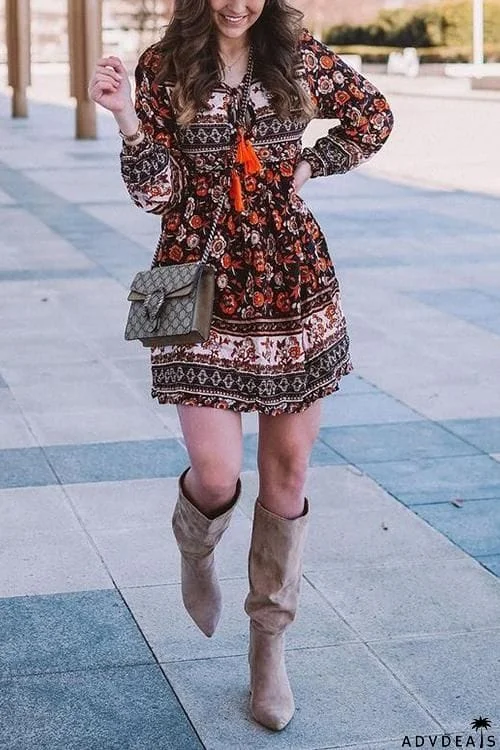 Floral Print Tassels Lace Up Long Sleeve Mini Dress