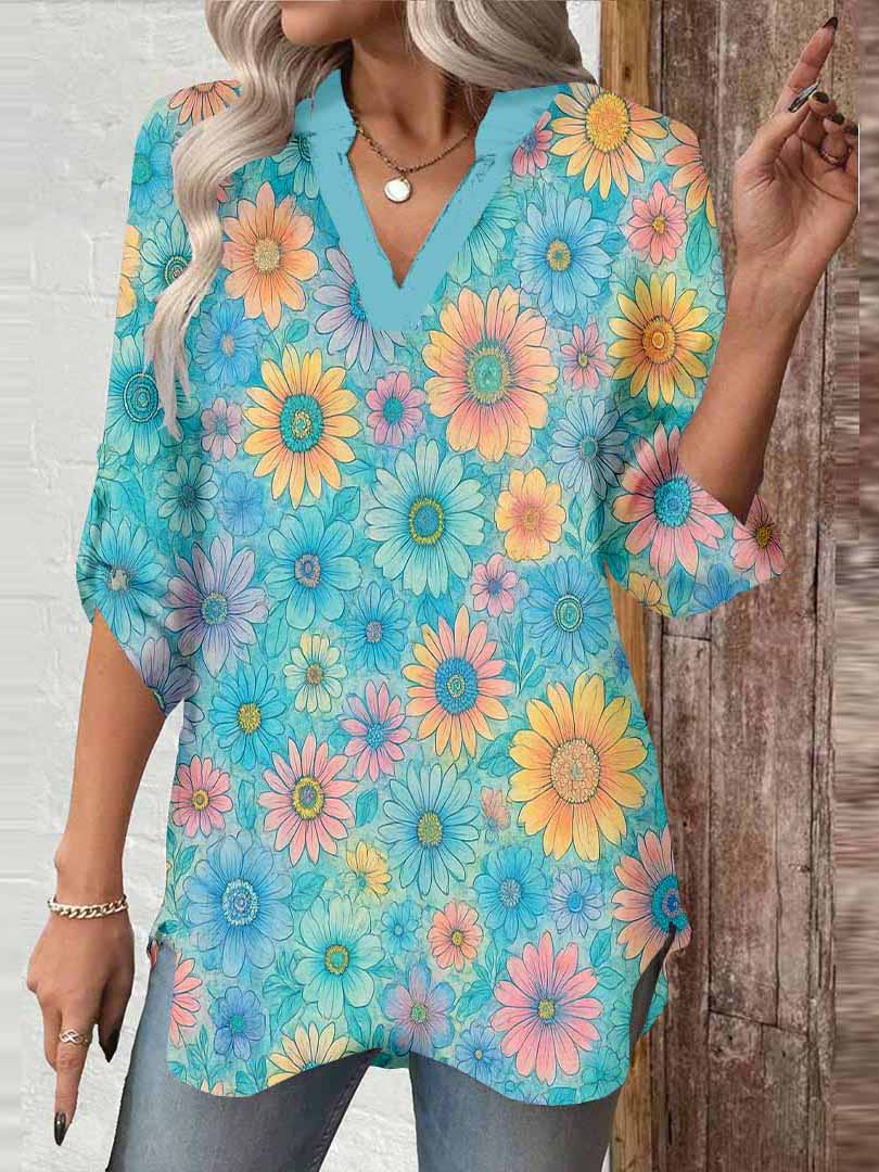 Women Floral,Green,Yellow DZGA0262 3/4 Sleeve V-neck Printed Graphic Button Tops