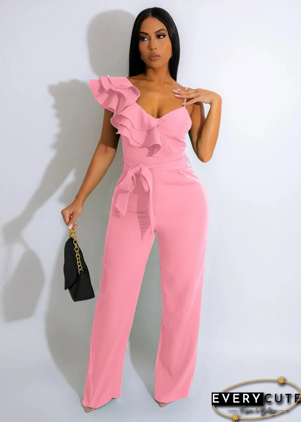 Fashion Ruffled Sleeveless Waist Deep V Loose Jumpsuit