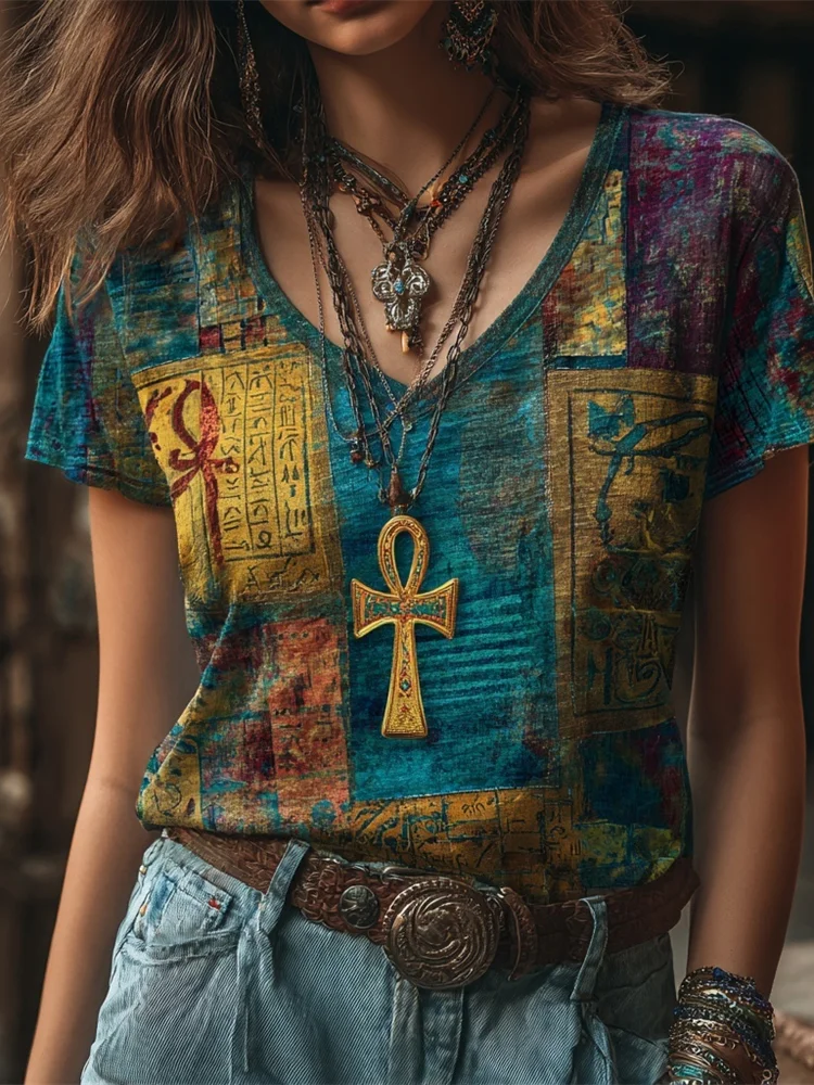 Egyptian Ankh Vintage Element Patchwork Printed Women's V-neck T-shirt
