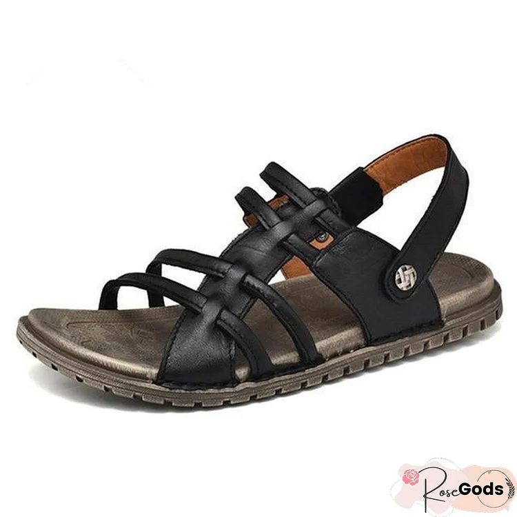 Men's Retro Genuine Leather Sandals Beach Non-Slip Slippers Shoes