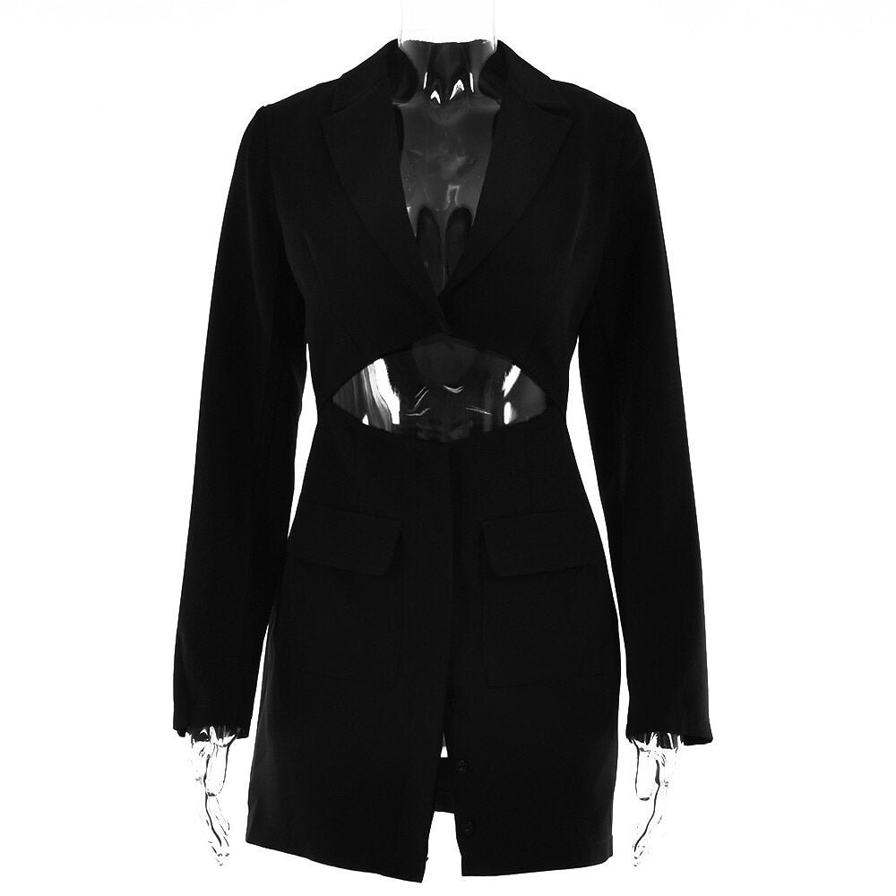 Fantoye Notched Collar Button Women Dress Blazer Fake Two Piece Blue Long Sleeve Hollow Out Dress Women Slim Office Clothes 2022