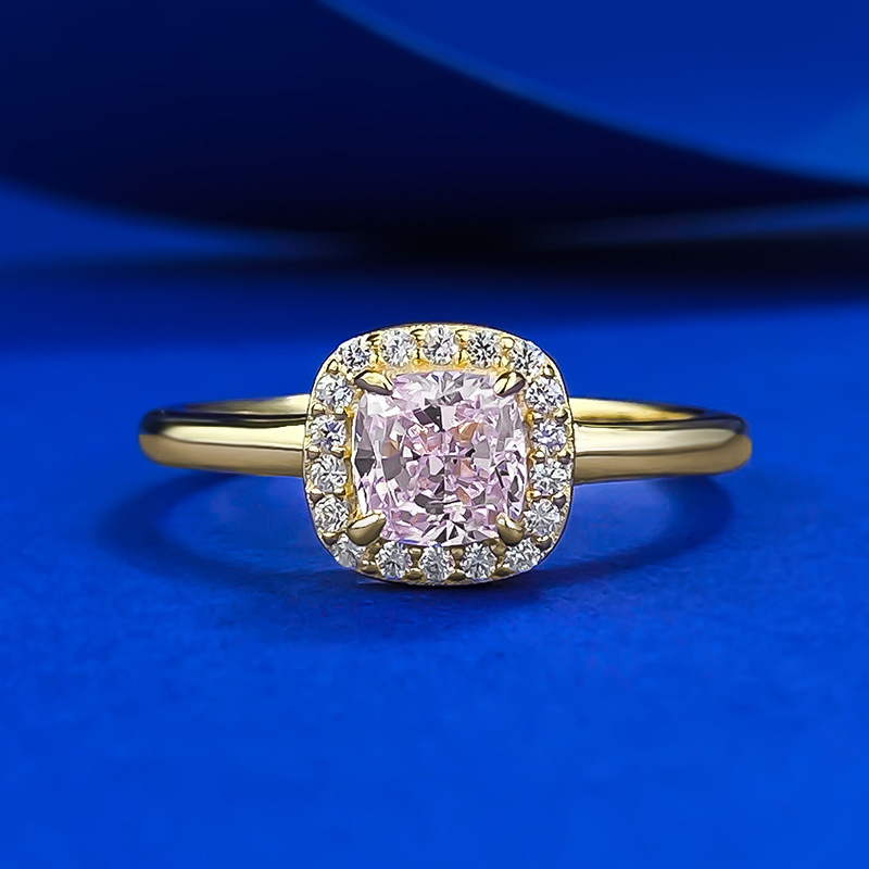 MIKAMU Jewelry S925 Silver Gold-Plated Ring with 5*5mm Square Candy Pink Diamond - Stylish Everyday and Engagement Ring Gift