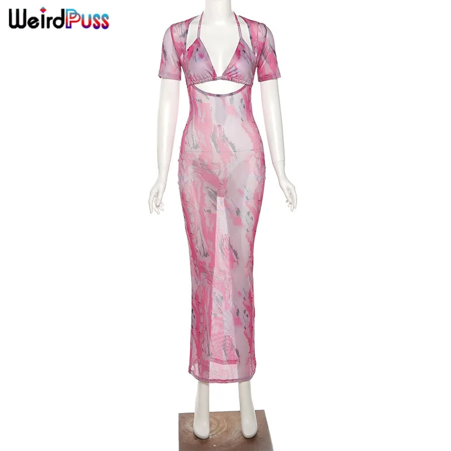Weird Puss Two Piece Set Women Aesthetic Print Sexy Fashion Halter Bikini Top+Long Skirt Matching Set Party Vacation Clubwear
