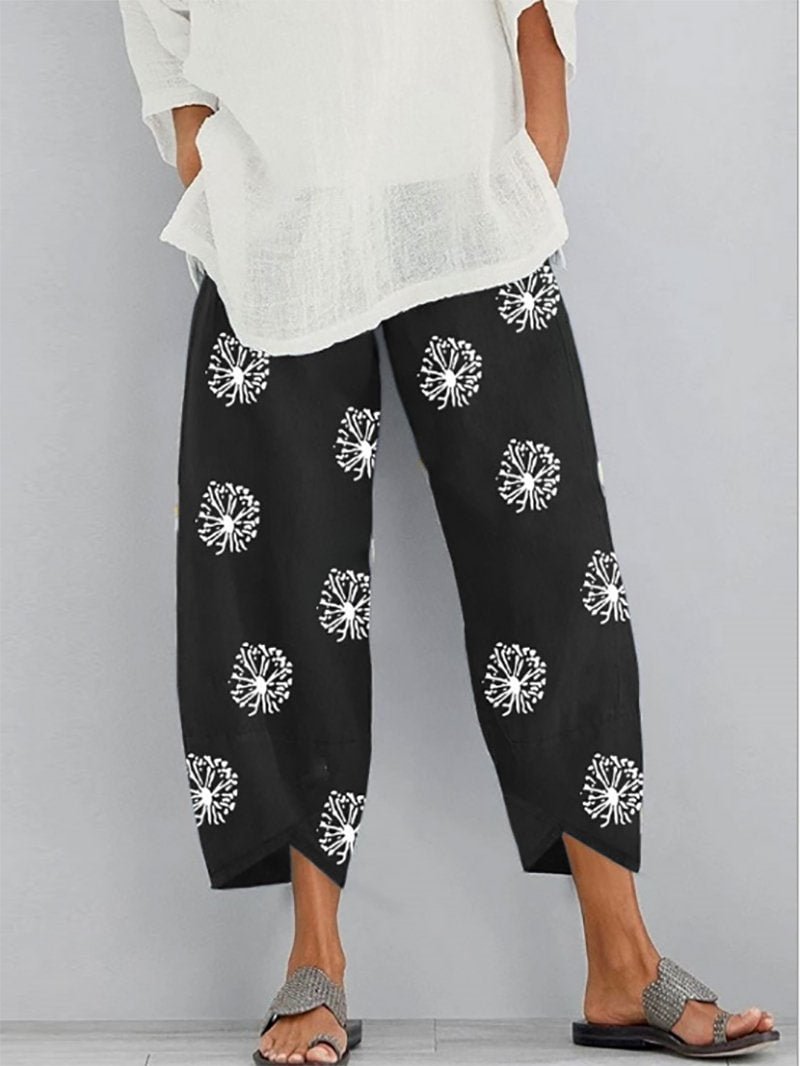 Fashion Loose Dandelion Print Elastic Waistband Pocket Pants