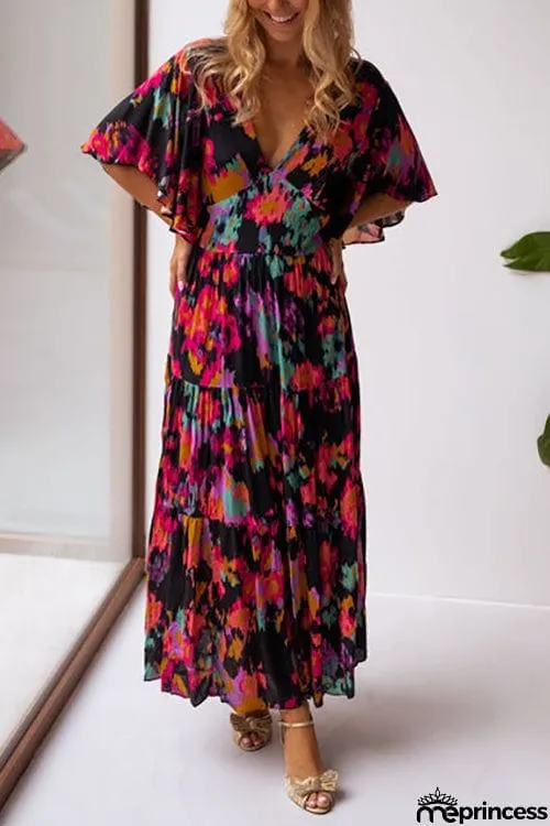 V Neck Floral Bat Maxi Dress