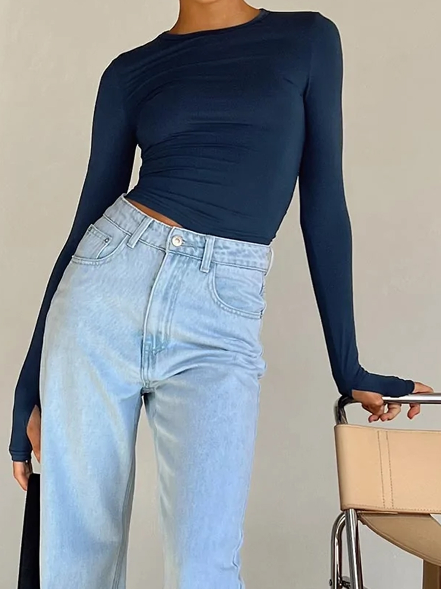 Oneswheels O Neck Long Sleeve Shirt Women Sexy Cropped Tops 2025 Spring Black Casual Skinny Slim Basic Woman T Shirts Black