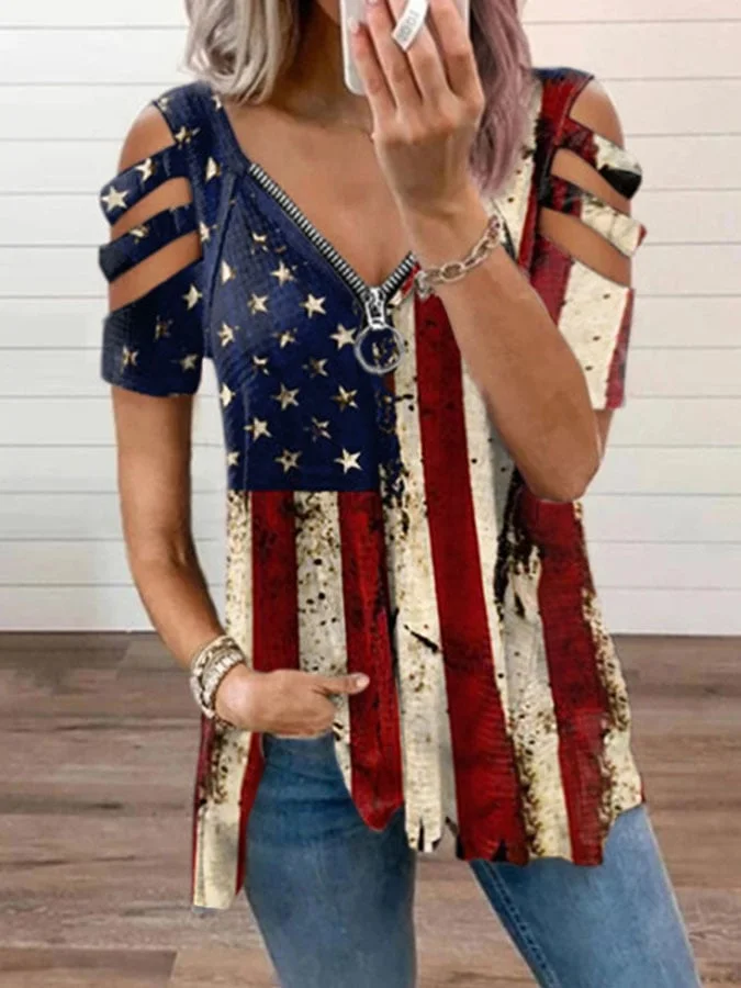 Retro Flag Short Sleeve 4th Of July Printed T-Shirt socialshop