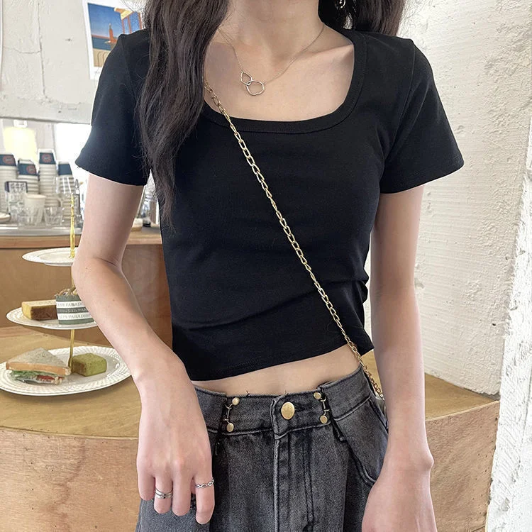 Uveng Uveng Short T-Shirt Female Solid Color 2024 New High Waist Slim Show Thin Hot Girl All-Match Short-Sleeved Square Collar Top Tide
