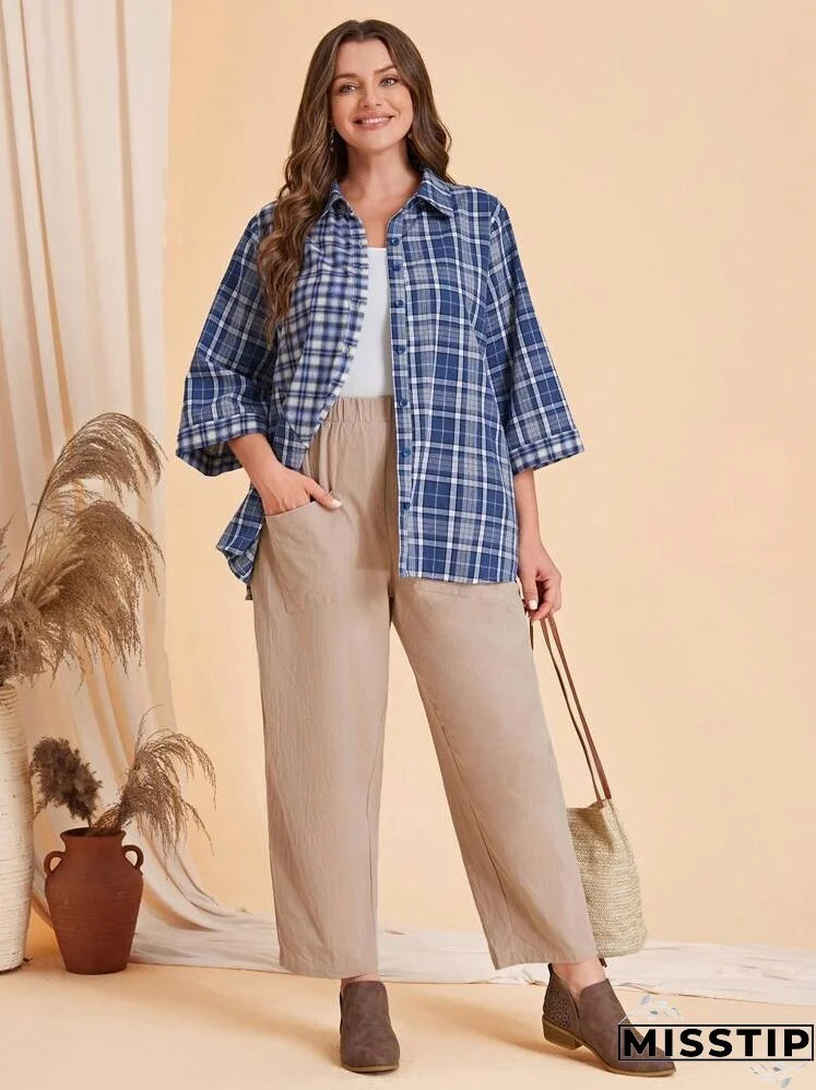 Plus Plaid Print Button Front Shirt