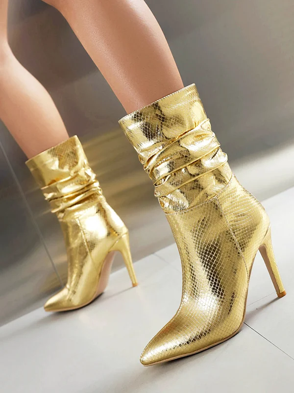 Pleated Snakeskin Printed Solid Color Split-Joint Boots Pumps
